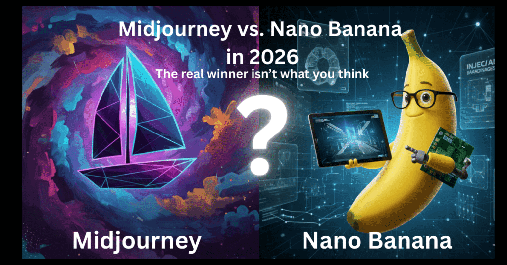 A side-by-side comparison of Midjourney and Nano Banana AI image generators for 2026, showing the Midjourney sailboat logo on a galactic background and a tech-savvy banana mascot representing Gemini's Nano Banana model.