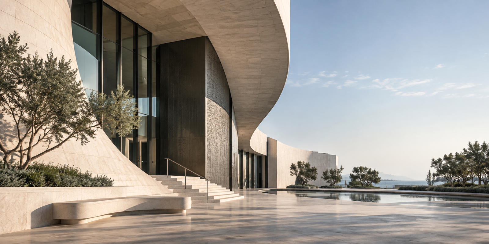 العمارة والتصميم في مبنى معاصر يبرز الضوء والنسب والخامات والتفاصيل المعمارية